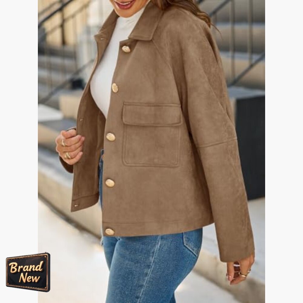 Oversized Cropped Faux Suede Leather Jacket Lapel Collar Button Down - Picture 3 of 7